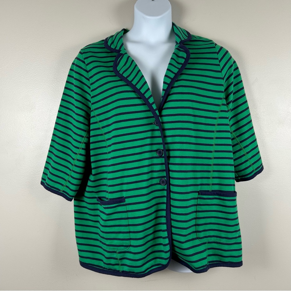 Woman Within Jersey Knit Blazer Womens 18/20 Large Green & Navy Stripe Preppy